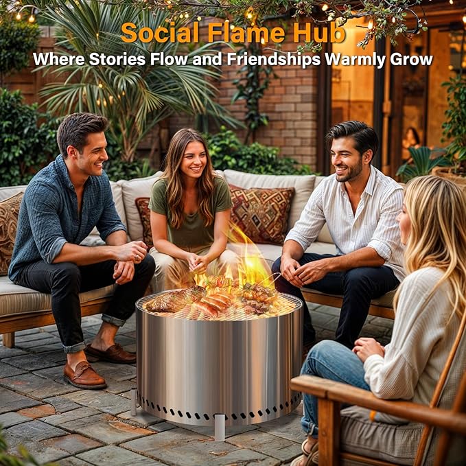 HGD 27.5" Smokeless Fire Pit Outdoor, Stainless Steel Wood Burning Firepit with Secondary Combustion, Backyard Patio Stove for Garden, BBQ & Bonfire