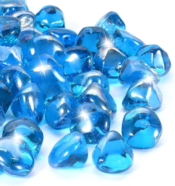 Caribbean Blue Firepit Glass Rocks 20 Pounds, 1 Inch Diamond Fire Stones for Propane Fire Pit, Fireplace and Outdoor Decorative, High Luster Glass Beads
