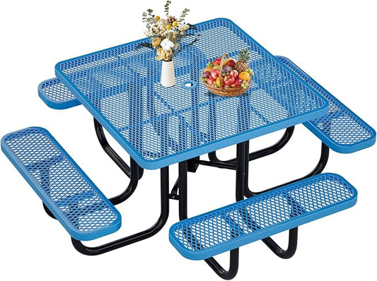 46" Square Top Outdoor Picnic Table Set for Up to 8 Persons, Outside Table Set with 4 Built-in Benches, Metal Commercial Grade Dining Furniture with Umbrella Hole for Garden, Backyard, Patio, Blue