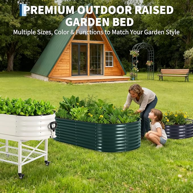 Oval Galvanized Raised Garden Bed Kit with Zippered PVC Cover, Easy Assembly, Thick Metal Outdoor Planter Box for Vegetables, Flowers, Patio Gardening, Dark Green