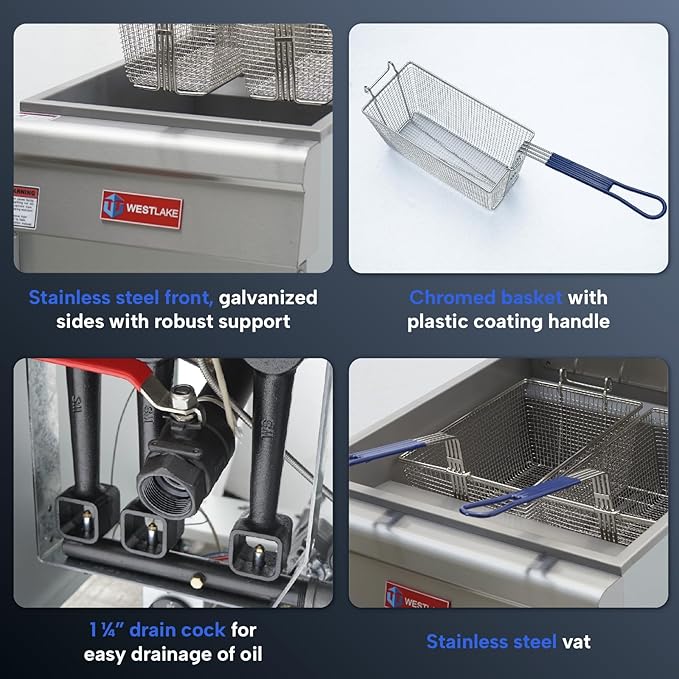 WESTLAKE Commercial Gas Deep Fryer, Stainless Steel Free Standing Floor Frye with Baskets 3 Tube 90000 BTU 40LB for Restaurants