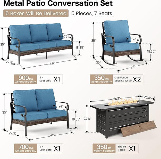 5 Piece Black Metal Outdoor Patio Furniture Set with Firepit Table, Patio Conversation Set 1 3-Seater Sofa, 2-Seater Sofa, 2 Rocking Chairs with 5.75" Cushion for Backyard Deck, Navy