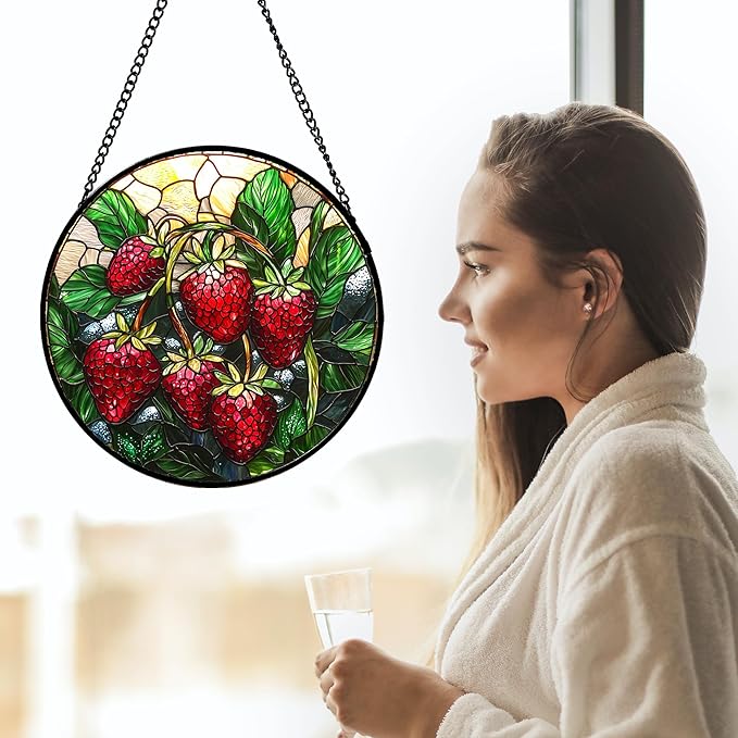 AMDERVEN Stained Glass Suncatcher, Red Strawberry Green Leaf Sun Catcher Silver Background Stain Glass Window Hanging Decoration Mother's Day Birthday Gifts for Women Men Mom Nana 6.3 in