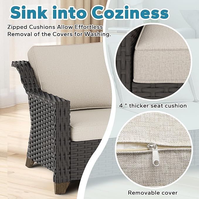 4 Pieces Patio Conversation Furniture Set - 2 Chairs with Ottomans Set of 2, Outdoor Wicker Armchairs with Water-Resistant and Washable Cushions for Porch, Balcony, Sunroom (Beige)