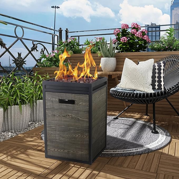 Afterglow Terrafab Grey Panels with Steel Frame 16" Square 40,000 Btu Propane Fire Column Outdoor Wood Effect Fire Pit for Outdoor Patio Garden Backyard Decking Decor CSA Certificated