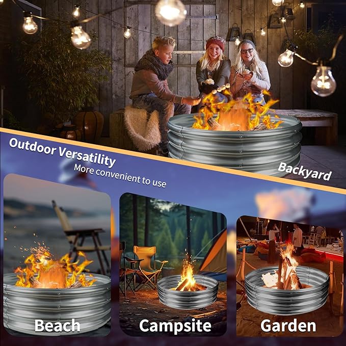 36 Inch Round Galvanized Fire Pit Ring/Fire Ring - Foldable and Perfect for Outdoor Gatherings and Campfires in The Yard/Garden/Park/Beach (3 FT Diameter, Silver)