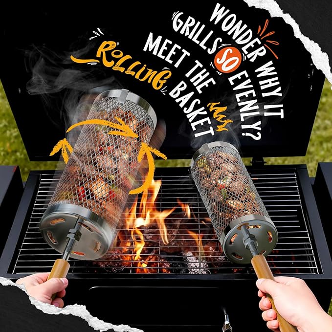 Rolling Grill Basket,304 Stainless Steel Grill Basket with Removable Wooden Handle,BBQ Tool & Smoker Accessory for Veg & Shrimp,Ideal for Outdoor Cooking,Camping & Gifts for Dad/Husband/Men-Large
