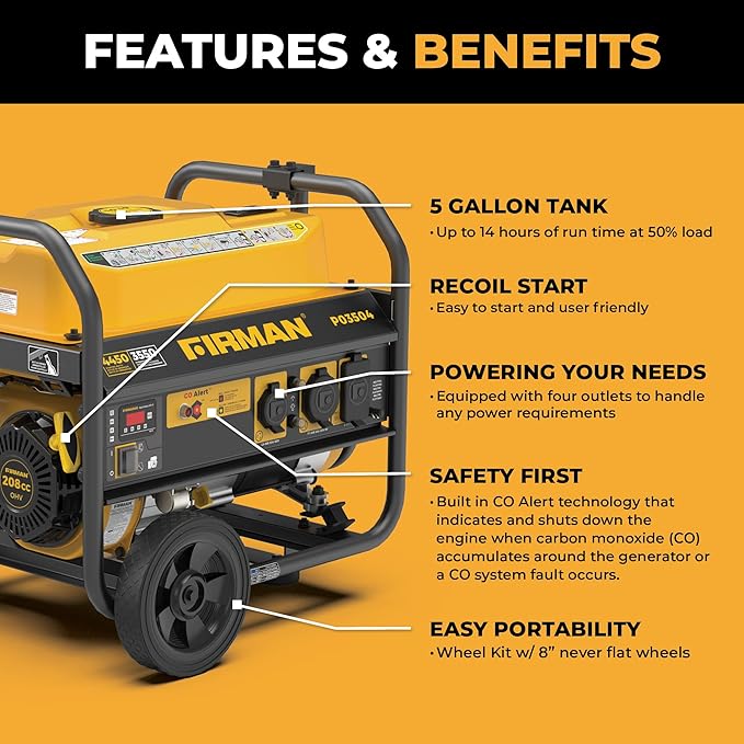 FIRMAN P03504 Gas Portable Generator, 4450W Recoil Start, 120V, CO Alert, Quiet 67dB, 208cc Engine, 5-Gallon Tank, 14 Hrs Runtime, Wheel Kit, Ideal Power Solution for RV, Home & Outdoor Adventures