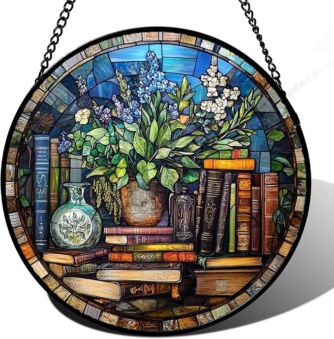 QZQCBLC Stained Glass Window Hanging Teal Flower Vintage Books 7.8" - Blue Suncatcher Door Garden Sun Catcher Home Decor Birthday Christmas for Mom Men Woman Nana Friend