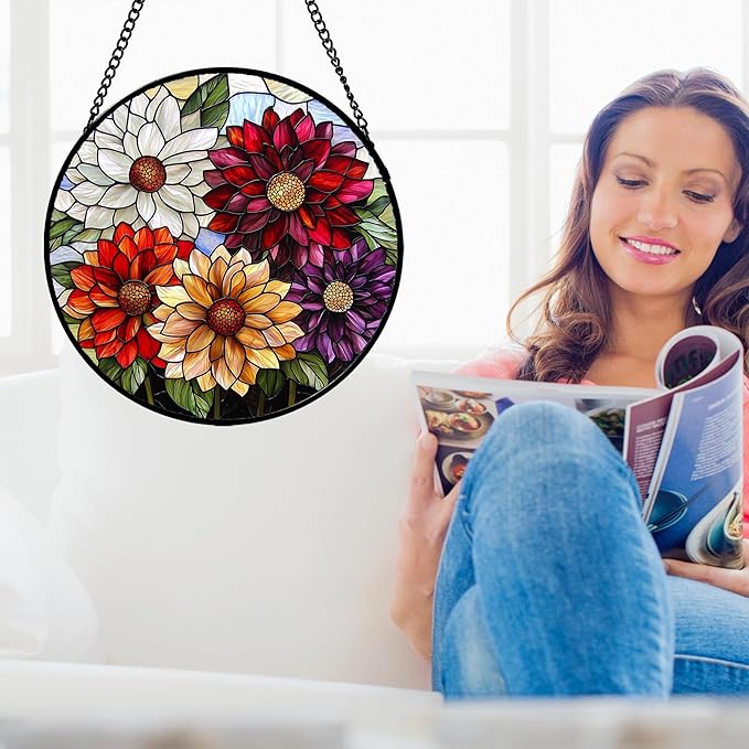 AMDERVEN Stained Glass Window Hanging, Colorful Flowers Sun Catcher for Window Door Home Decor Plant Suncatcher Christmas Mother's Day Birthday Gifts for Women Men Mom and Nana 15 in