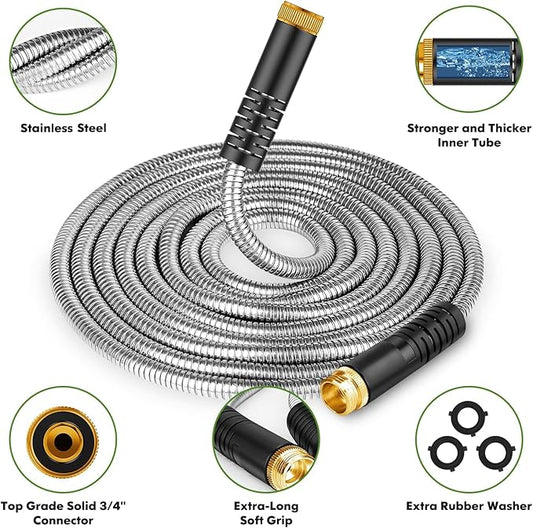 Garden Hose 100ft, Stainless Steel Heavy Duty Water Hose with 10 Function Nozzle Flexible, Lightweight, No-Kink, Pet Proof, Puncture Proof Metal Hose for Yard, Outdoor