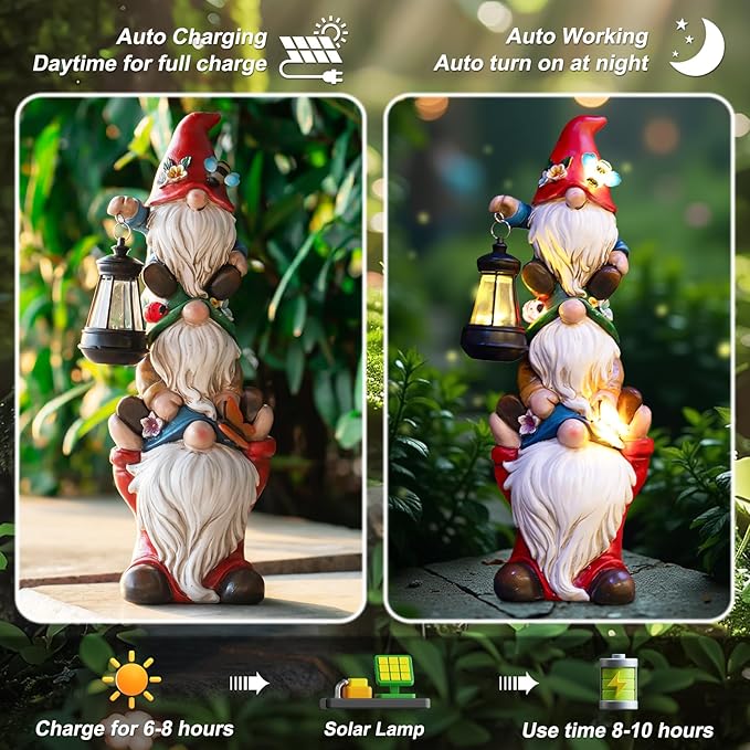 twinbling Garden Gnome Statue with Solar Lights Garden Sculptures Funny Triple Gnome Outdoor Patio Lawn Yard Balcony Home Decor Birthday Gift for Woman Grandma 12 in Spring Gnomes