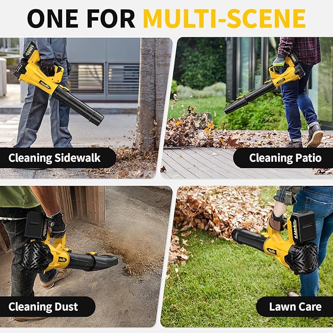 FULLYEA Cordless Leaf Blower 650 CFM, 6 Speed Modes, Electric Leaf Blower Cordless with 3 Tubes & 2x4.0Ah Batteries, 21V Battery Powered Leaf Blowers for Patio, Yard, Garage Cleaning (Yellow)