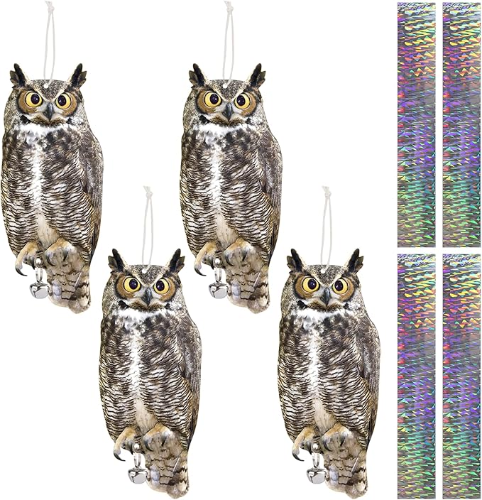 4PCS Reflective Hanging Hawk Fake Owl Decoration, Realistic Hanging Owl for Garden Patio Windows