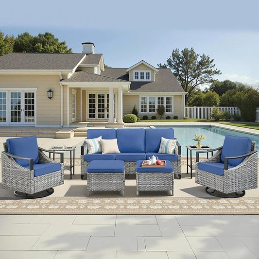 7 Pieces Patio Furniture Sets - High Back Outdoor Sectional Couch with Wicker Swivel Rocker Chairs, Rattan Ottomans with Side Table, Patio Conversation Set for Deck Garden Porch Balcony Gray/Blue