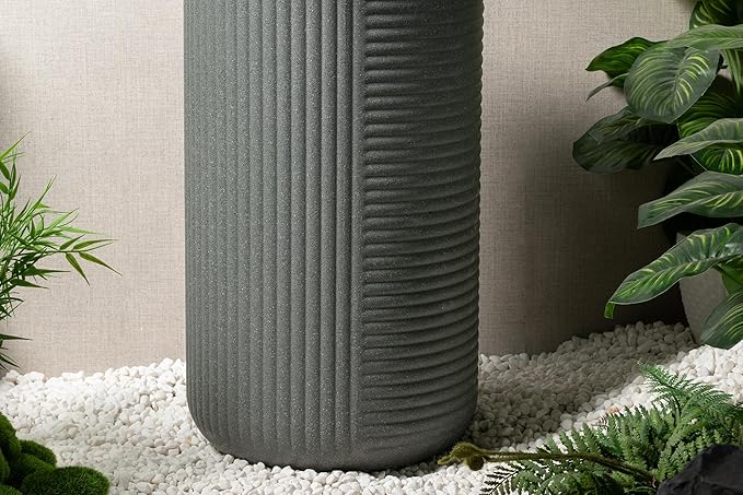 Puulye 23.22" H Outdoor Water Fountain Made with Eco-Friendly Recyclable Materials, Polyethylene Tall Round Bubbler Outdoor Fountain, Garden Decor with LED Light & Pump for Patio, Porch, Backyard