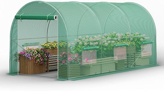 Walk-in Greenhouse 15×7×7FT, Outdoor Tunnel Greenhouse, Large Plant Hoop House for Outside, Hot House for Winter with 6 Ventilated Mesh Windows, Galvanized Steel Frame (Green, 15×7×7FT)