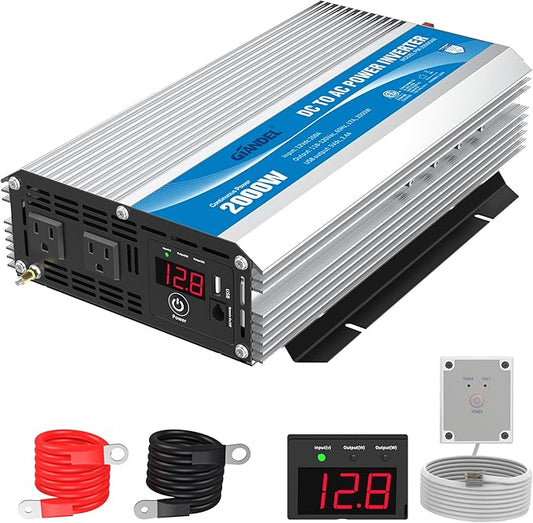 GIANDEL 2000Watt Power Inverter 12V DC to 110V 120V AC ETL Listed UL458 STD 2000W Inverter with 15 FT Wired Remote LED Display Dual Outlets for RVs Off Grid Solar Setup Truck Boat Marine