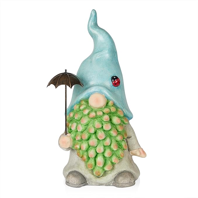 Alpine Corporation 18" Tall Outdoor Turquoise Hat Gnome Statue Holding Silver Umbrella, Playful Weatherproof Garden Decor