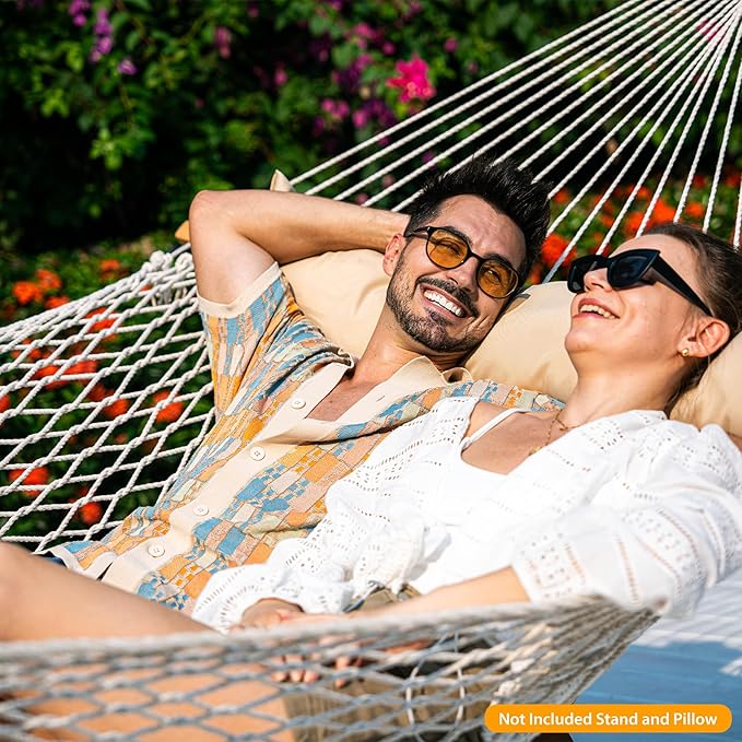 Lazy Daze Hammocks 12FT Double Rope Hammocks, 2 Person Hand Woven Cotton Hammock with Spreader Bar for Outside, Patio, Poolside, FIT 13-15 Foot Stand, Max 450 Lbs, Natural, 141 x 57 inches