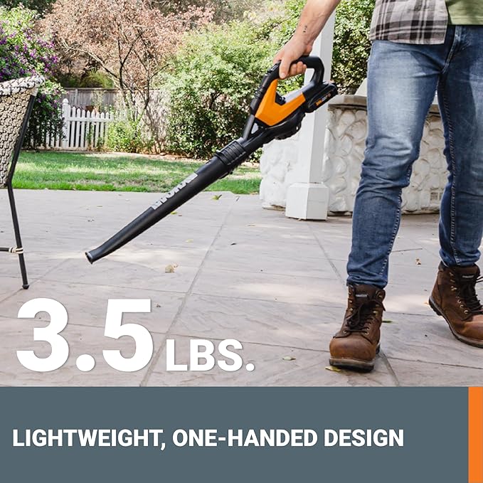 WORX Cordless Leaf Blower, Electric Blowers for Lawn Care with 120 MPH & 3.5 LBS, Long Nozzle Design for Narrow Spaces with Cleaning Attachments, Battery & Charger Included, WG545.1