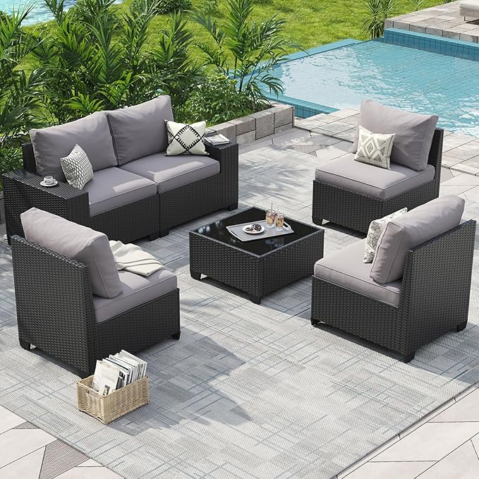 Aoxun Patio Furniture Set, 6 Pcs Outdoor Patio Furniture Sets with 4in Thicken Cushion, Widen Armrests Wicker Outdoor Sectional for Backyard (Waterproof Cover Include)