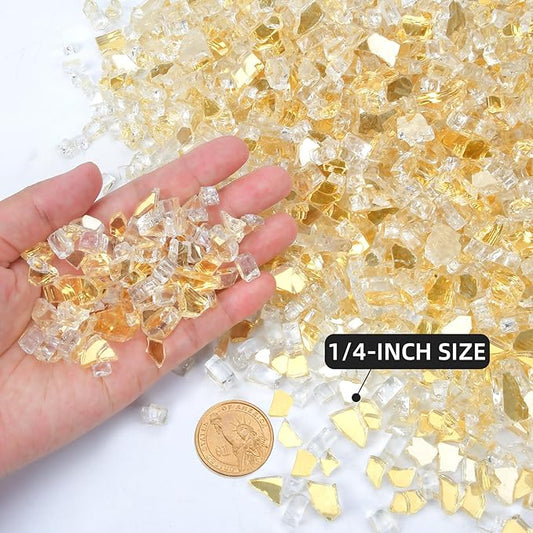 GasSaf 1/4 Inch Fire Glass Reflective Tempered Fireglass Cut Crushed FireGlass for Fire Pit, Fireplace, Replaces Existing Gas Logs & Lava Rocks (20 Pound)(Gold Reflective)