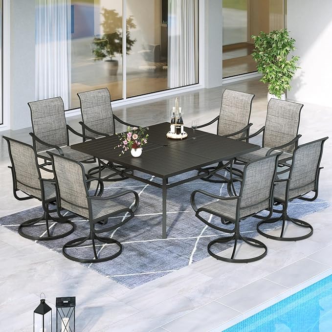 MFSTUDIO Patio Table and Chairs Set, Patio Dining Set for 8 with Umbrella Hole, 9 Piece Outdoor Patio Furniture Set for Deck/Backyard/Poolside/Garden