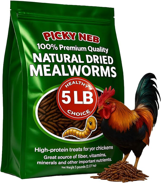 PICKY NEB Dried Mealworms 100% Non-GMO 5 Lb - Mealworms for Birds, Chickens, Ducks - Perfect High-Protein Treats - Whole Large Meal Worms, Dried for Chickens and Bluebird Food Bulk