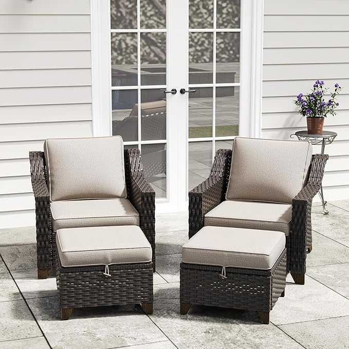 4 Pieces Patio Conversation Furniture Set - 2 Chairs with Ottomans Set of 2, Outdoor Wicker Armchairs with Water-Resistant and Washable Cushions for Porch, Balcony, Sunroom (Beige)