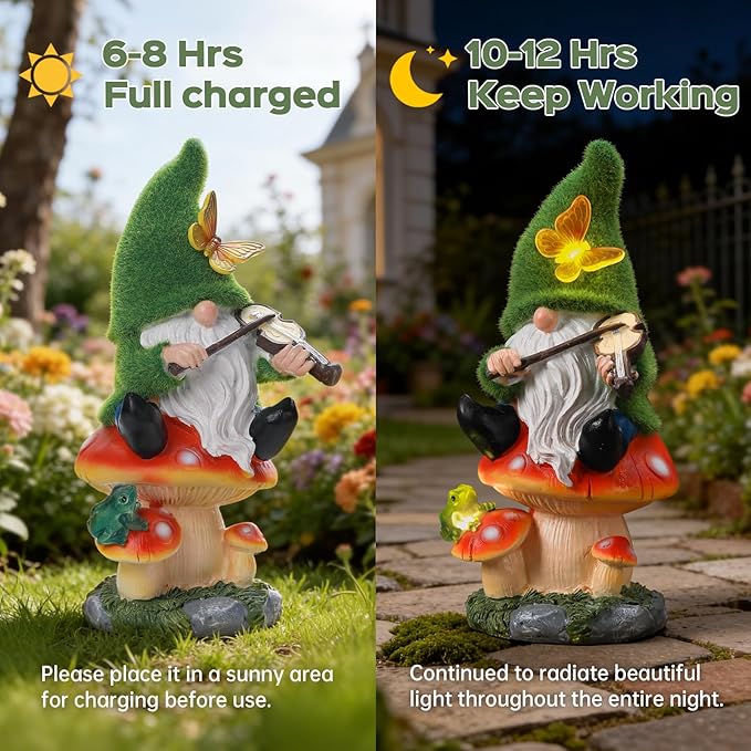 Ayadon Solar Gnome on Mushroom Stool Statue Decor, Gnome Figurines with Ambiance LED Light for Garden Decorations for Patio Lawn Balcony Fairy Gardens, Housewarming Gifts for Women Mom Grandma