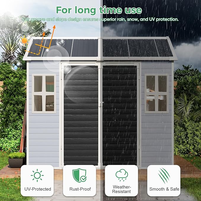 8x6 FT Plastic Storage Sheds Outdoor with Floor and Window, Utility All-Weather Resin Shed Easy to Install, Large Sheds & Outdoor Storage/Tool Shed for Garden Backyard Patio, Gray