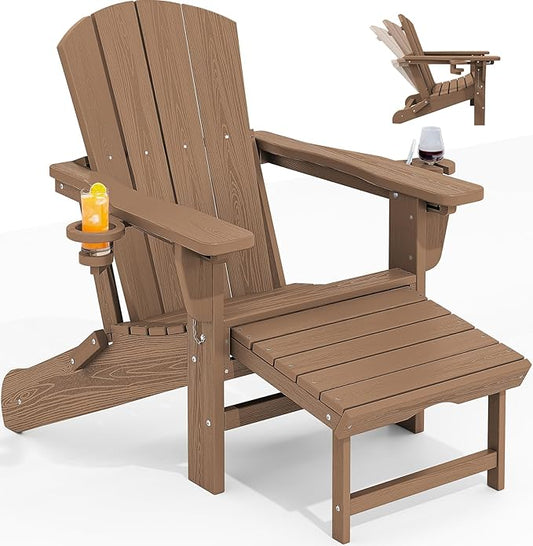 KINGYES Folding Adjustable Adirondack Chair with Ottoman & 2 Cup Holders, HDEP Reclining Adirondack Chair with Footrest, Brown