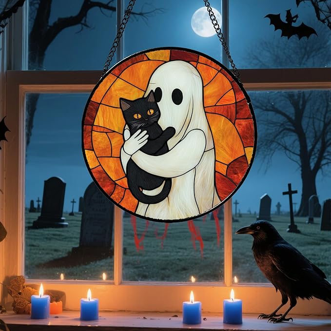 CRISGIF Stained Glass Window Hanging - Halloween Decorations White Ghost Black Cat Suncatcher for Doors Garden Spooky Funny Orange Sun Catchers Gothic Decor Horror Gifts for Women Men Friend 11.8 in