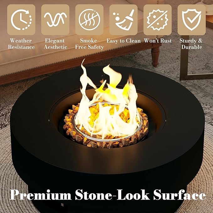 32.5 Inch Propane Fire Pit Table, 50,000 BTU Round Patio Fire Pit Table Outdoor, CSA Certified, Stainless Burner with Steel Lid, Waterproof Cover & Lava Rocks, for Backyard Garden, Black