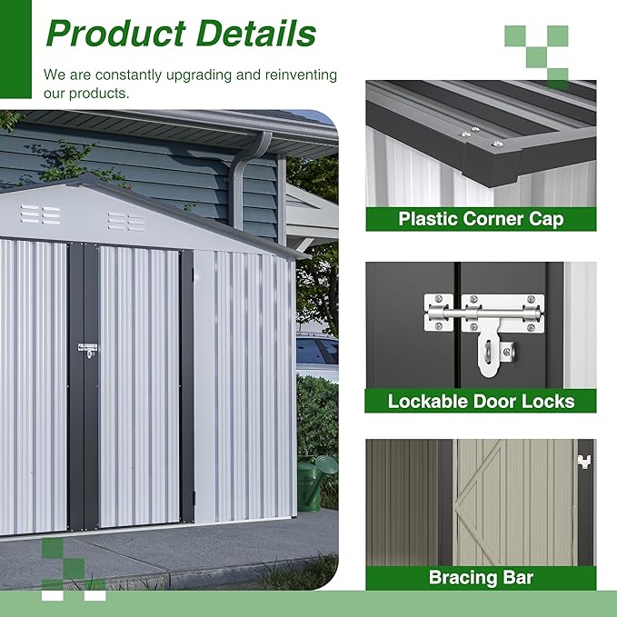 8x10 FT Outdoor Storage Shed, Metal Garden Shed with Lockable Hinged Doors, Outside Tool Shed with Sloped Roof & 4 Air Vents, Waterproof Storage Building for Backyard, Patio, Lawn, White