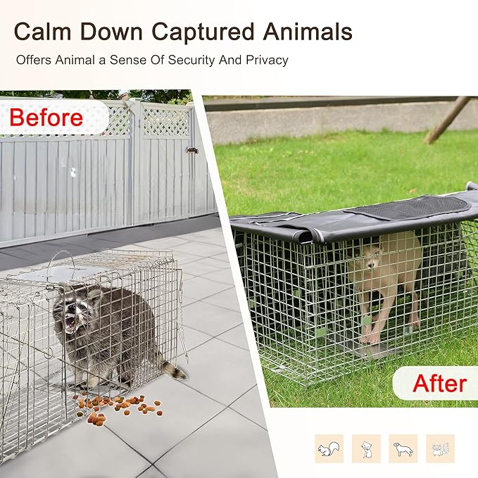 Live Animal Trap Cage with Cover, Cat Trap for Stray Cats 32 Inch Heavy Duty Folding Skunk Traps with Real Door for Raccoons, Opossums, Groundhogs, Skunks, Feral Cats, Squirrels-(32 x 10 x 12 inches)