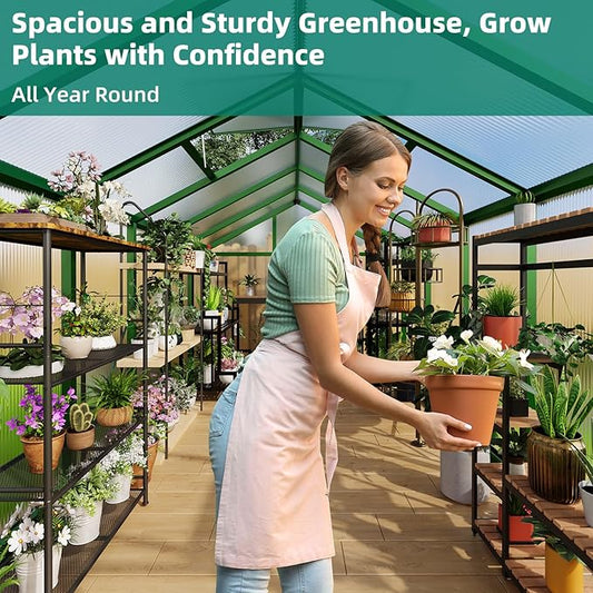 8x12 FT Greenhouse - Large Aluminum Greenhouses for Outdoors, Heavy Duty Polycarbonate Greenhouse with Roof Vent&Ground Nails, Walk-in Green Houses for Garden, Backyard, Patio, Easy Assembly