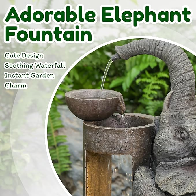 Tankana Elephant Waterfall Fountain for Indoor Desktop & Outdoor Use Small Garden Water Feature with LED Light Quiet Mini Cute Table Water Fountains for Patio, Yard, Home Decor
