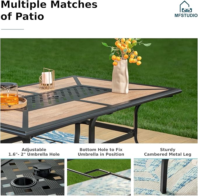 MFSTUDIO Patio Table and Chairs Set of 6, Patio Dining Sets with Umbrella Hole, 7 Piece Outdoor Dining Set for Deck, Backyard, Poolside & Garden