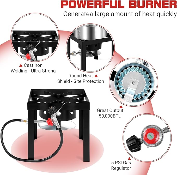OT-3016 Turkey Fryer with Boiler Steamer Set Basket & 50,000BTU Propane Burner, Outdoor Deep Fryer & Seafood Crawfish Boil Pot with Thermometer, Marinade Injector, Turkey Rack & Rack Lifter