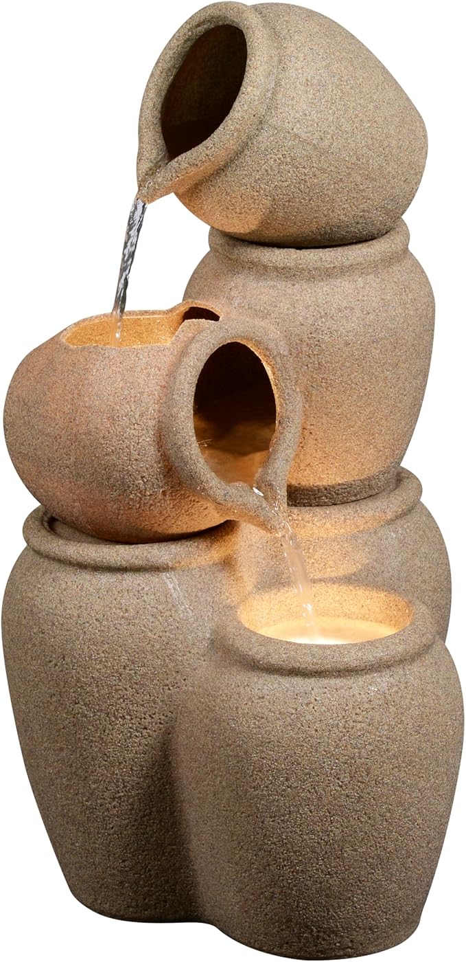 Puulye 29.53" H Outdoor Water Fountain Made with Eco-Friendly Recyclable Materials, Polyethylene Cascading Waterfall Outdoor Fountain, Garden Decor with LED Light & Pump for Patio, Backyard
