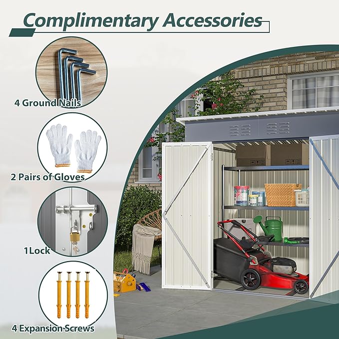 6x4 FT Outdoor Storage Shed, Metal Garden Shed with Frame Floor, Outside Tool Shed with Lockable Hinged Doors, Waterproof Storage Building with Sloped Roof for Backyard, Patio, Lawn, Gray