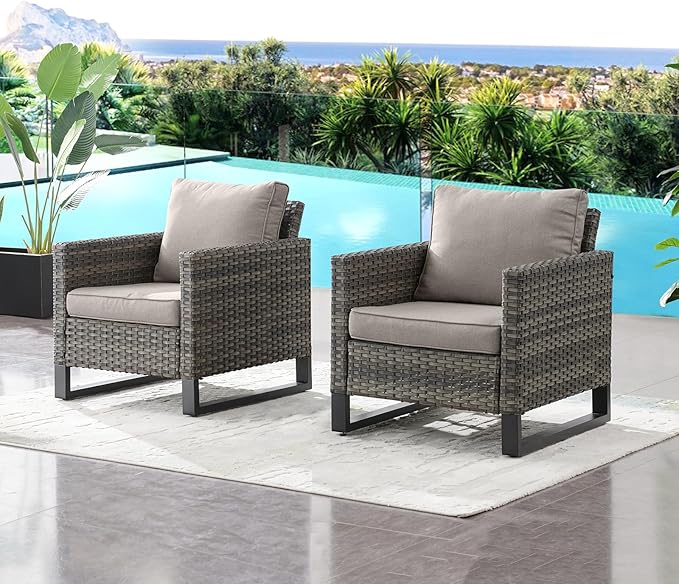 HUMMUH Outdoor Chairs PE Wicker Patio Dining Chairs Set of 2 High Back Metal Frame Porch Chairs with 4 inch Seat Cushions