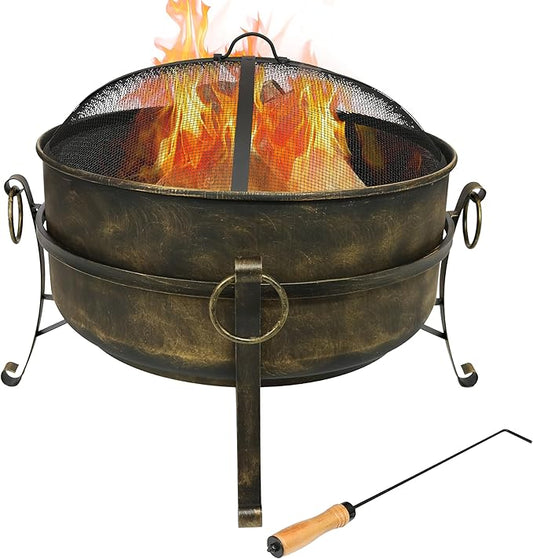 Sunnydaze 24-Inch Small Fire Pit for Outside - Wood-Burning Fire Pit Bowl for Outdoors with Spark Screen, Log Poker, and Grate
