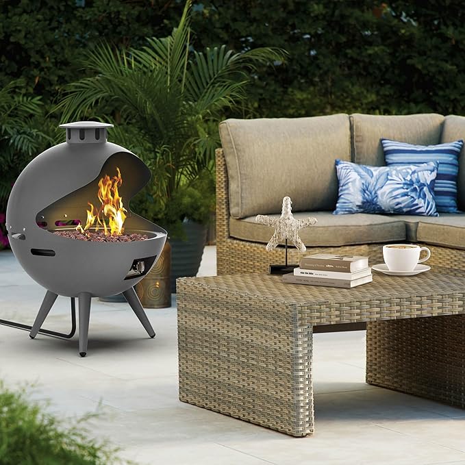 24-Inch Outdoor Propane Fireplace with 20 lb Tank Cover, 55,000 BTU Chimenea Propane Fire Pit, Hemispherical 3-Legged Firepit with Lava Rocks and Rain Cover, Gray