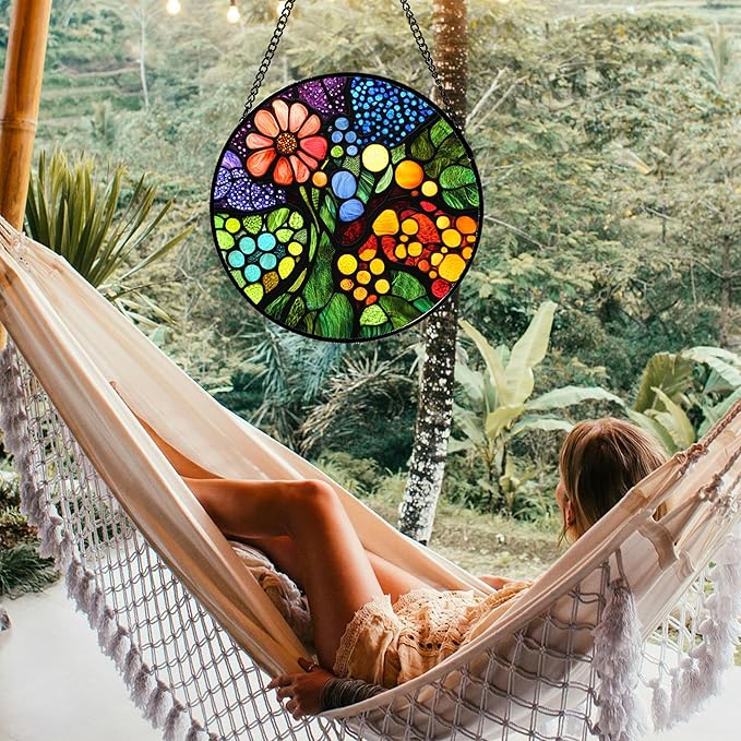 QZQCBLC Stained Glass Window Hanging Red Flowers Green Blue Orange Dots 7.8" - Suncatcher Door Garden Sun Catcher Home Decor Birthday Christmas for Mom Men Woman Nana