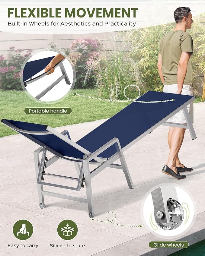 Patio Chaise Lounge Chair Outdoor with Wheels&Armrests, Aluminum Pool Lounge Chairs Set of 2 Five-Position Adjustable Recliner, Outdoor Beach Lounge Chairs for Poolside, Patio, Deck, Yard, Navy Blue