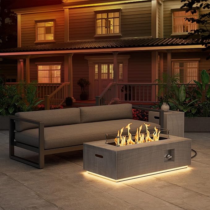 42" Propane Fire Pit Table with LED Light 50,000 BTU Outdoor Fireplace Table Includes Wind Guard, Lid, Rocks & Cover - Gas Firepit Table, Chimenea para Patio (Light Grey/Golden Light, 42" LED)