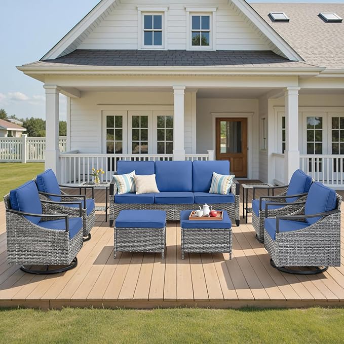 Wicker Outdoor Patio Furniture Set - 9 Pieces Patio Conversation Sets with Wicker Swivel Rocker Chairs, Deep Seat Sectional Sofa with Thick Cushions Ottomans for Porch Balcony Deck Gray/Blue